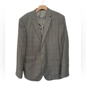 Egara Mens Blazer Jacket Gray Plaid Wool Polyester Blend Two Button 44L Slim